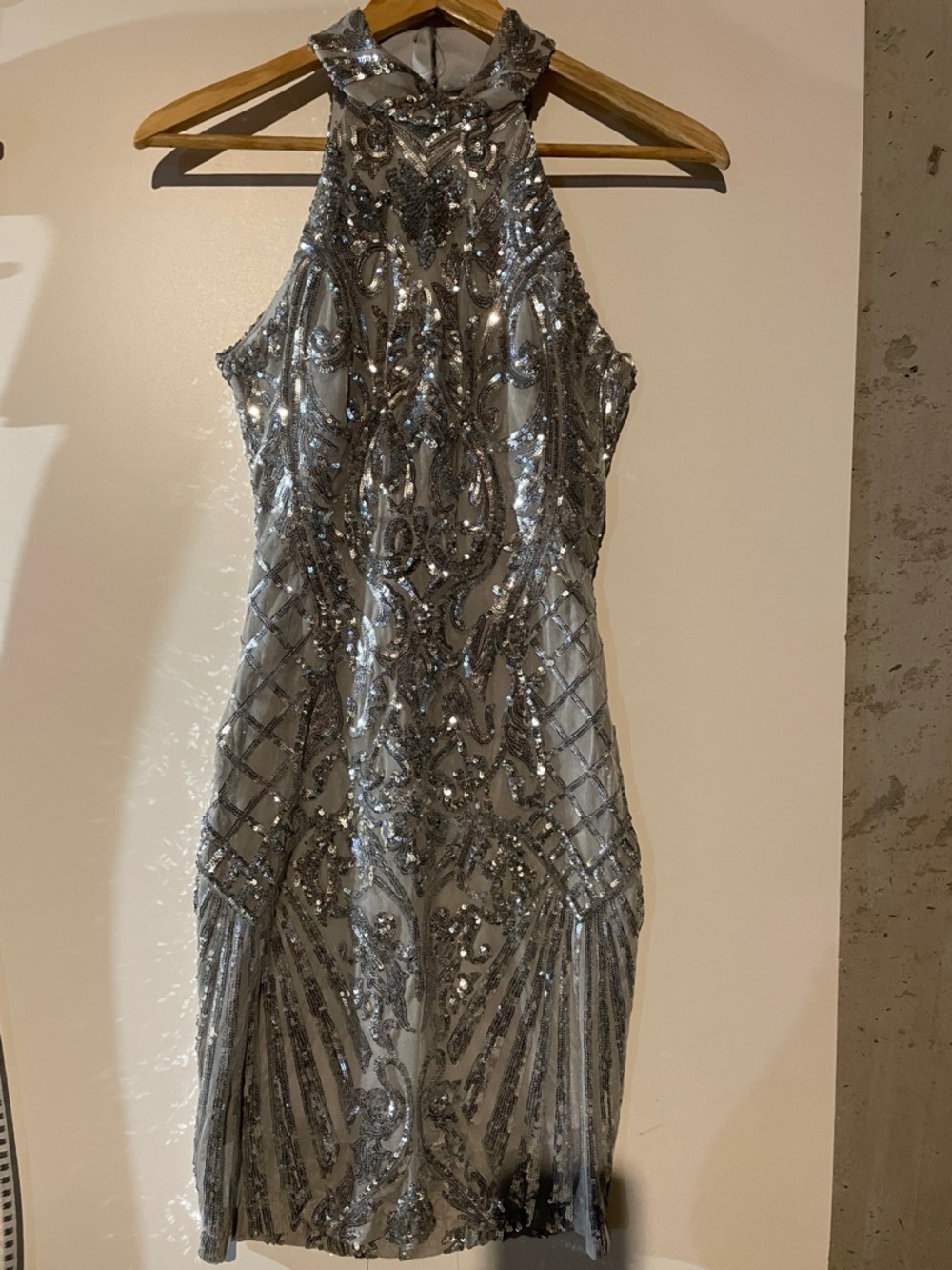 B Darlin Silver Beaded Halter Sheath Dress